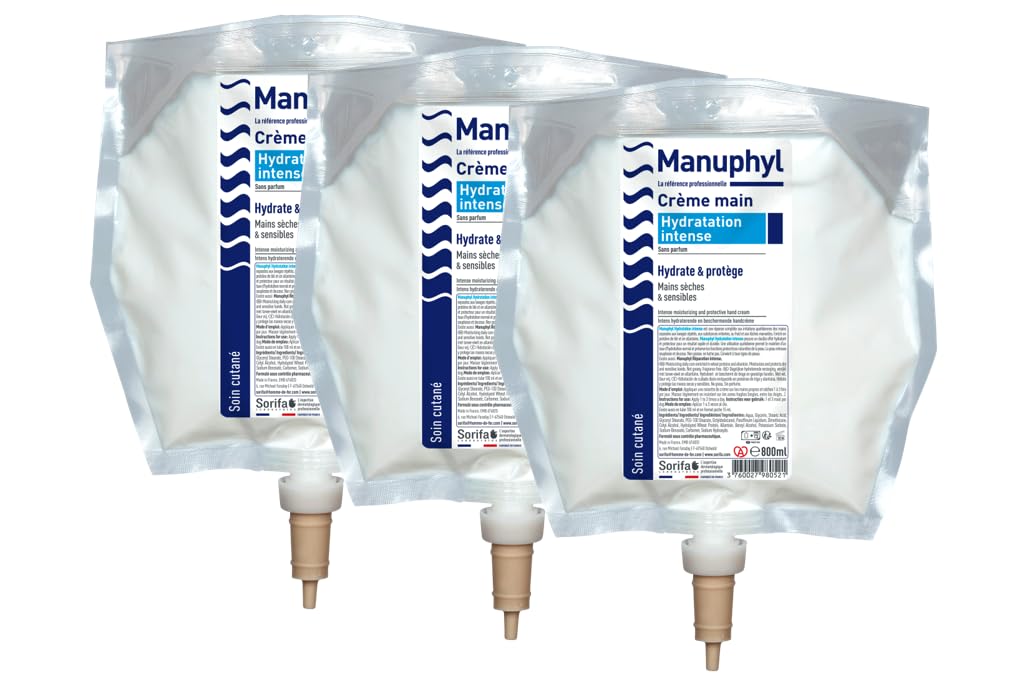 Set di 3 mani Manuphyl Crema Idratazione Intensa - Idratante e protettivo - Mani secche e sensibili - Non grassa, senza profumo, arricchito con allantoine e proteine del grano - Tasca 800 ml