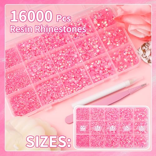 Image of 16000Pcs Flatback Resin Jelly Pink Rhinestones for Crafting DIY Clothing | Pink Gems Jelly Rhinestones Mixed Sizes Bedazzling Crystal with Pickup Tool for Crafts Tumblers Mugs Shoes Fabric Nail Art