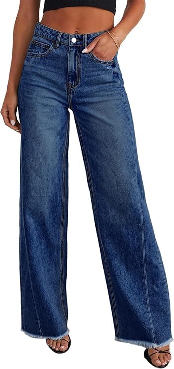 Womens Wide Leg Jeans Casual High Waisted Stretchy Straight Leg Jeans Raw Hem Loose Trendy Denim Pants