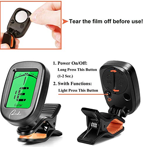 ranch guitar tuner clip on for acousticelectric guitar ukulele violin bass banjo and chromatic tuning modes - classical black