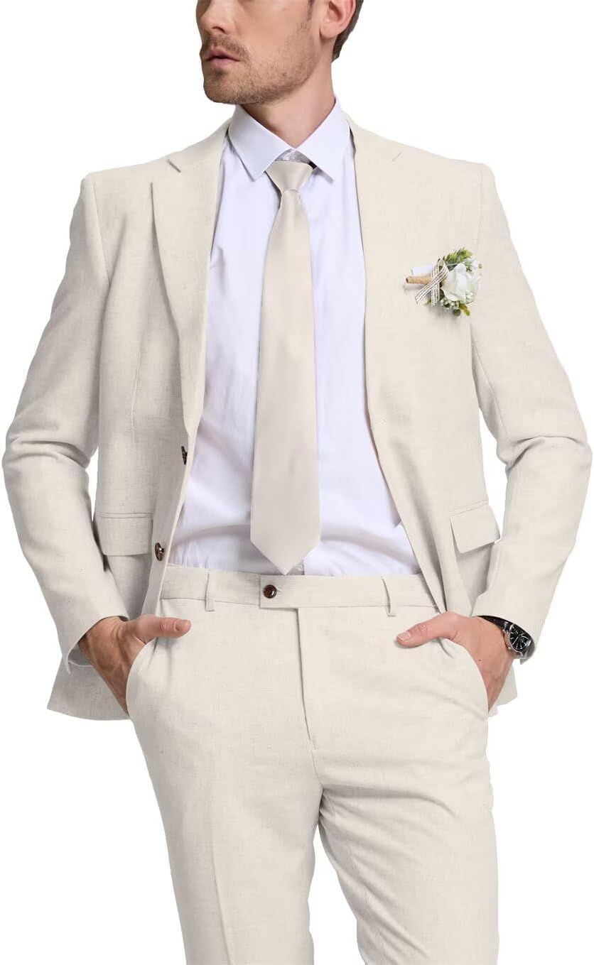 Linen Mens 2 Pieces Suit Retro Casual Slim Fit Suits Linen Beach Prom Dress Tux Set Wedding Groom Men Jacket Blazer Pant