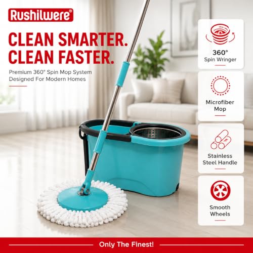 Image of 360 Spin Mop with Bucket for Floor Cleaning | Magic Mop Set with Wheels, Wringer & Microfiber Refill | Stainless Steel Handle Floor Cleaning Mop for Home, Tiles & Wooden Floors (Blue)