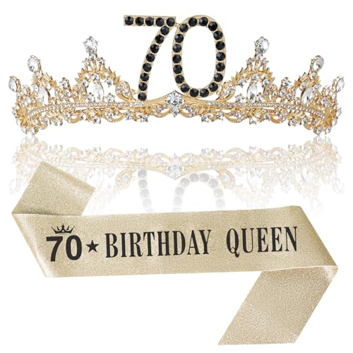70th Birthday Crown and Sash for Women 70 Tiara Black Gold 70th Birthday Decorations Gifts Favors for Female Friends Sister Wife Mom