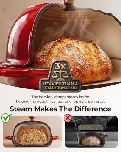 Image of 5QT Enameled Cast Iron Sourdough Bread Oven & Starter Kit, Red | Tight-fitting Dome Lid Helps Retain Steam, Baking Kit Supports Proofing, Scoring & Dough Transfer, Complete Artisan Bread Set