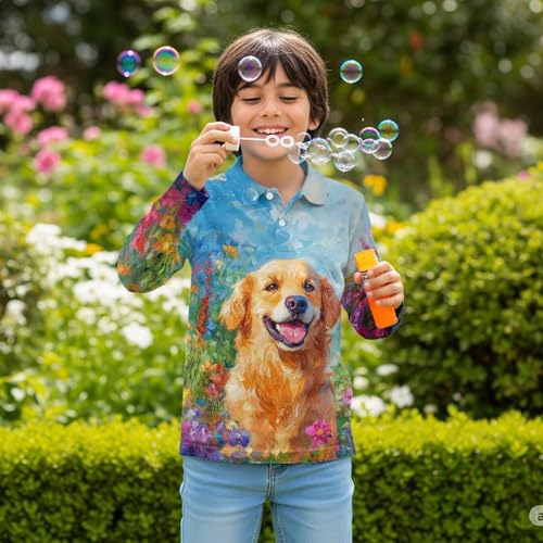 Kids Oil Painting Golf Shirts Size 3-16 Boys 1/4 Button Long Sleeve Collared Tennis Outfits Soft Outdoor Tops3