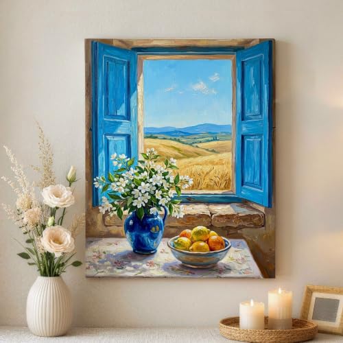 Lienzo floral azul de 16x20 pulgadas con pintura de flores blancas para decoraciones