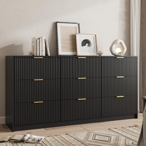 Image of MAISONARIA 63 inch Wide Fluted 9-Drawer Dresser for Bedroom, Black
