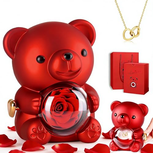 DWcouple Rosen Bär Mit Herz Damen Halskette Konservierter Rose Bär Ewige Echte Rose Blumen Geschenkbox Geschenke für Frauen Freundin Mutter Muttertagsgeschenk Weihnachten Valentinstag