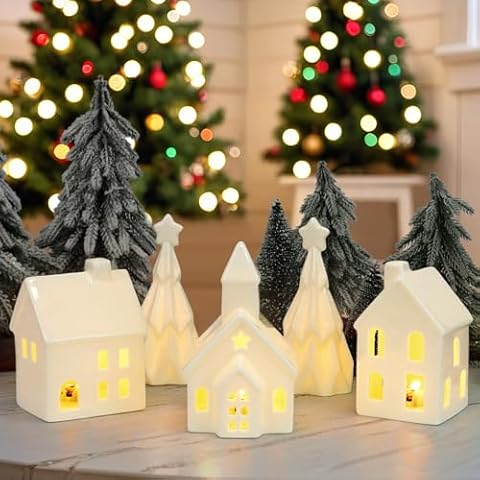 Christmas Tree House Ornament, 2024 Christmas Tabletop Ornament, Christmas Ceramic White House Ornament with Lights, 3 House with 2 Tree Set Ornament for Home, Party, Holiday Decorations Cover