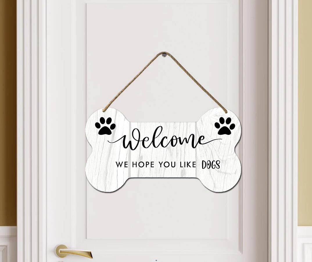 Muroanmi Dog Welcome Sign, We Hope You Like Dogs Door Hanger, Dog Bone Sign, Dog Sign For Front Door, Dog Porch Sign, Pet Door Hanger, Dog Door Hanger, Dog Bone Sign For Home Decor 6.7X12Inch