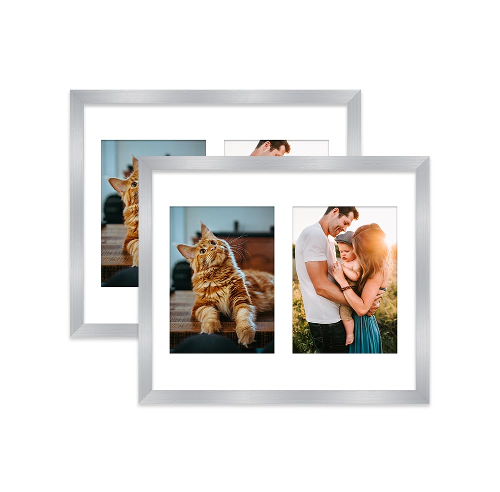 Silver Multi Photo Frame - Holds 2 x 7x5 Pictures, Family Collage Picture Frame for Wall Display, 12x10 Frame size, Set of 2