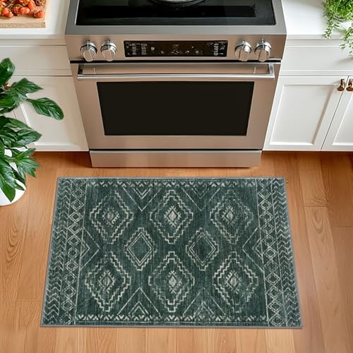 KILOCOCO Boho Entryway Rug 2x3 Printed Small Area Rug Indoor Door Mat Machine Washable Kitchen Rugs Super Soft Non Slip Throw Rugs for Bedroom Entrance Geometric Laundry Room, Green