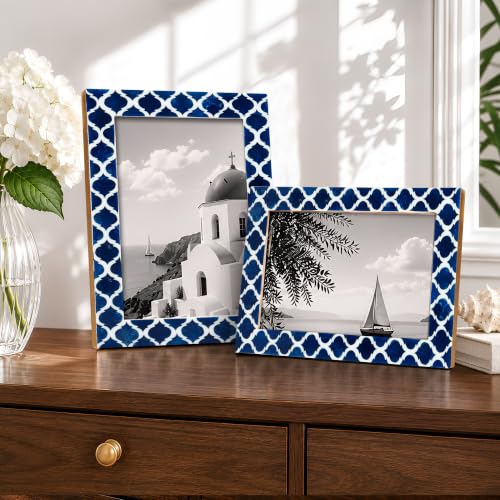 Image of Handicrafts Home Blue & White Vintage Photo Frames for Wall or Tabletop Display, 5x7 Picture Frame Set of 2,Boho Farmhouse Gallery Wall Frame Set, Artisan Handmade Home Decor, Handmade Moroccan Frame