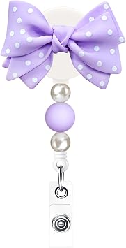 Bow Badge Reel, Cute Retractable Badge Holders, Beaded ID Badge Holder for Women, Belt Clip Badge for ID Name Cards Purple
