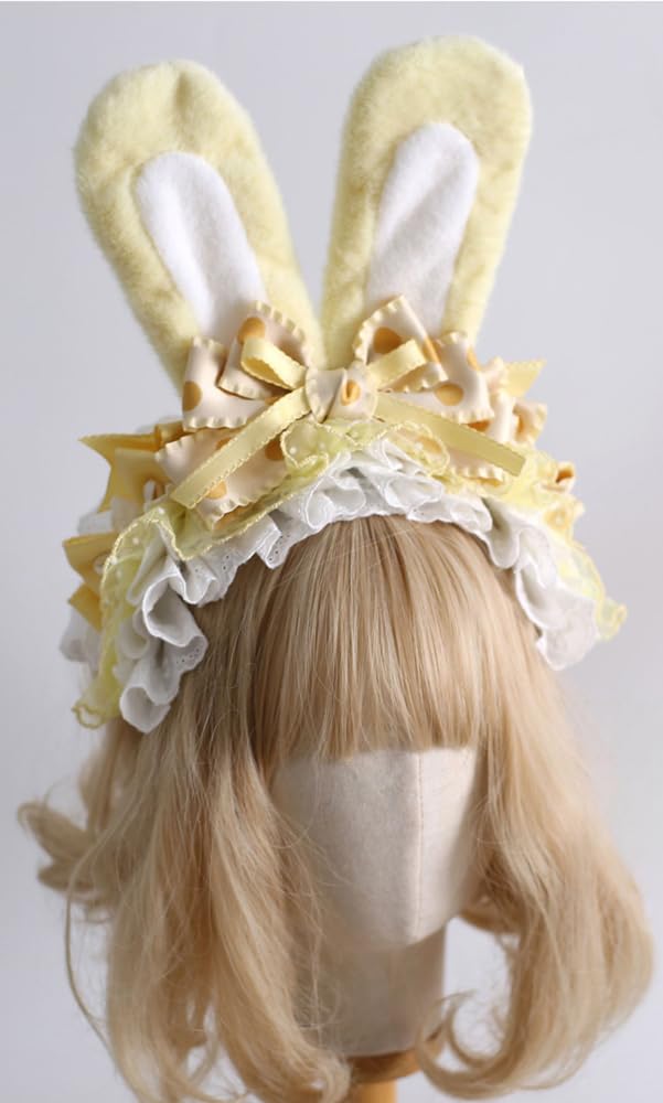 Kawaii Bunny Ear Headband Lace Bowknot Headband Women Lolita Hair Accessories (Yellow)