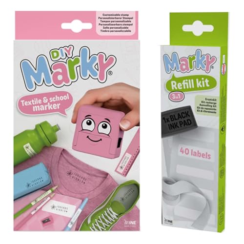 Tampon encreur pour vêtements kit MARKY rose avec encre noire et étiquettes