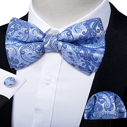 Image of DiBanGu Paisley Pre-Tied Bow Ties for Men Silk Adjustable Bowtie and Pocket Square Cufflinks for Wedding Party
