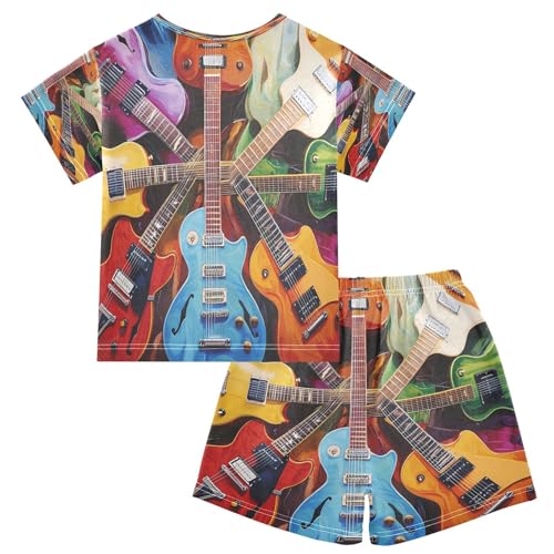 ALAZA Colorful Electric Guitar 3d Music Stylish Pajamas Set Short Sleeve Cotton Sleepwear Summer Pjs 2 Piece 5-14Y2