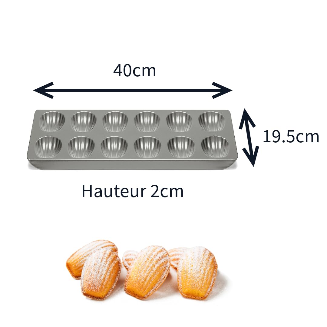 patisse 03648, Płyta 12 Madeleines stalowa powlekana nieprzywierająca Silver Top, forma do malowania, 40 x 19,5 x 2 cm, srebrno-szara
