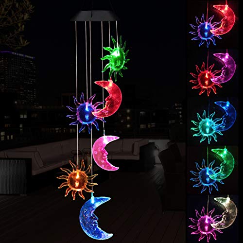 Solar Sun and Moon Wind Chimes Outdoor - Waterproof Solar Powered LED Changing Light Color Moons and Suns Mobile Romantic Wind Chime for Home,Balcony,Party,Festival,Night Garden Decoration(Blackboard)