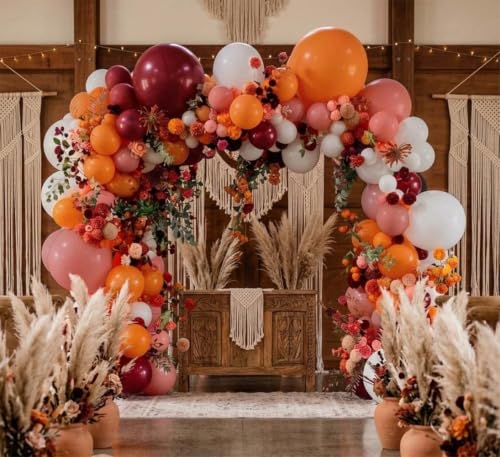 Image of Orange Red Balloon Garland Double Stuffed Burgundy White Balloon Arch Kit | Dusty Pink Orange Balloons for Fall Autumn Birthday Pumpkin Wedding Baby Shower Bridal Shower Backdrop Party Decorations