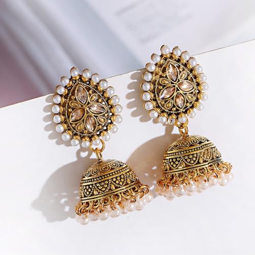 Indian Gold Jewelry Earrings for Women Jhumkas Chandelier Dangle Earring Bollywood Party Accessories Ethnic Gift Set Traditional Indian Handmade Jhumka3