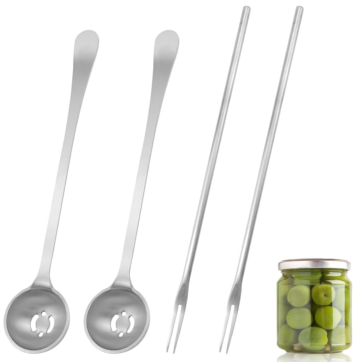 Olive Spoon and Pickle Fork Set,4 PCS Stainless Steel Slotted Spoon & Long Handle Jar Grabber with Drain Holes Pickled Onion Grabber Picker Tool for Olives Onions Gherkins & Canned Fruits
