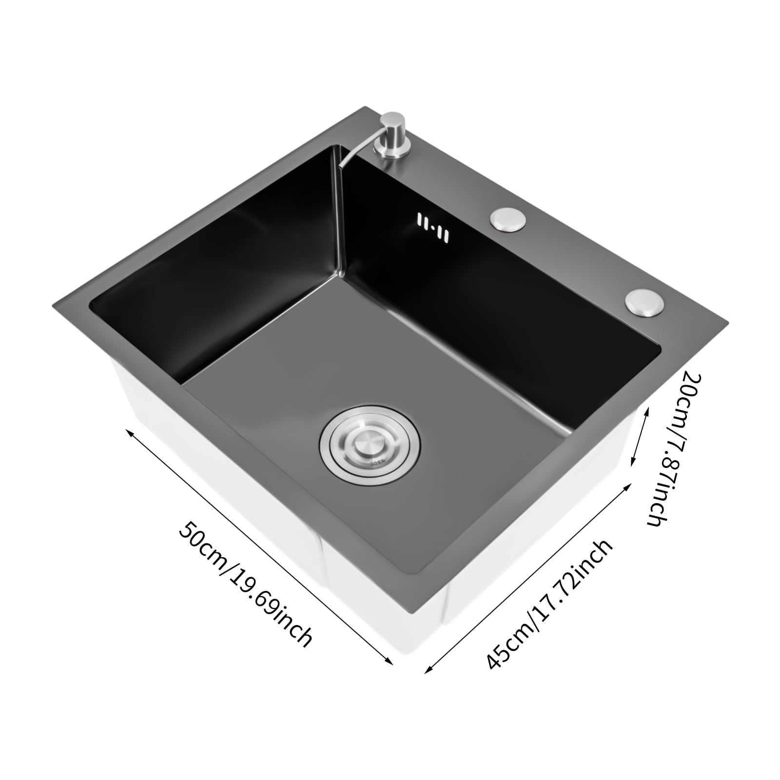 Fregadero negro de 50 x 40 cm, grifo de cocina, fregadero con escurridor y dispensador de jabón, acero inoxidable, empotrable, fregadero de cocina, 1 lavabo cuadrado (sin grifo)