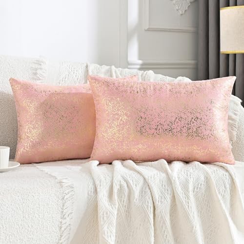 JELLYMONI Gold Pink Sparkling Throw Pillow Covers 20" x 12", 2Pack