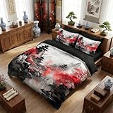 CCoutueChen Asian Comforter Black Red Chinese Traditional Bedding Set King Size Watercolor Tie-dye Landscape Painting Bed Set for Adult Women Soft Lightweight Comforter Black Red