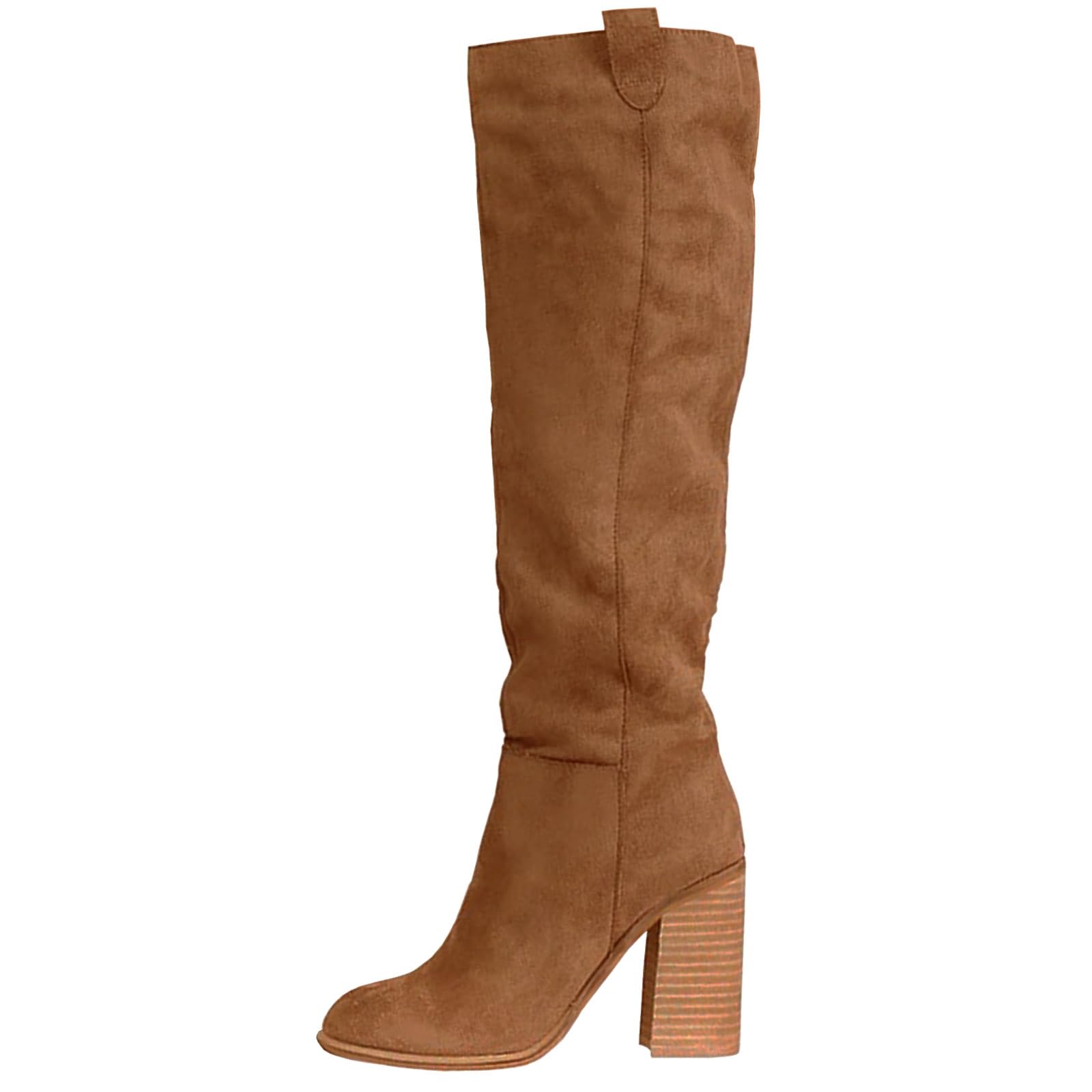 Knee High Boots for Women Suede Leather Tall Boots Slouchy Chunky Block High Heel Boot Cowgirl Western Cowboy