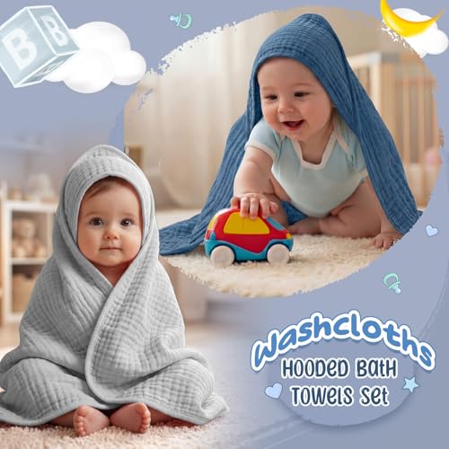 Image of Breling 6 Pcs Muslin Hooded Baby Bath Towel, Hand Towels and Washcloth Set, 36 inchx 36 inch Cotton Newborn Bath Towel Cotton Absorbent Blanket Unisex Newborn Gift Essentials for Girl Boy (Blue,Grey)