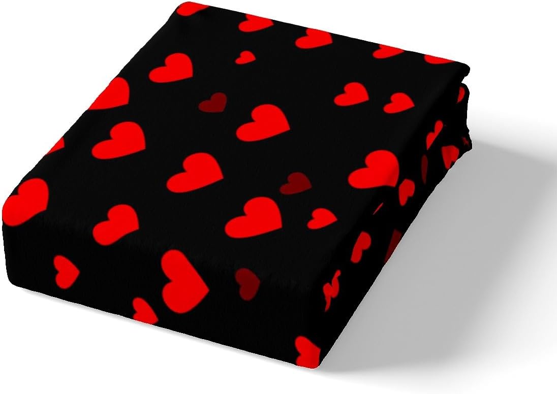 Feelyou Kids Red Love Heart Pattern Fitted Sheet Queen Size Heart Pattern Bed Sheet Set Boys Girls Black Red Bedding Set Valentine's Day Bed Cover Deep Pocket
