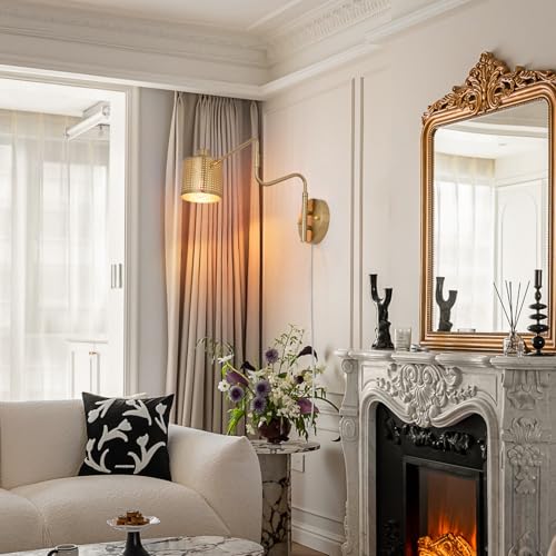 Image of Brass Plug in Wall Sconce, Large Adjustable Swing Arm Wall Light Fixture Modern Gold Wall Sconces for Living Room Up Down Hollow Lampshade Bedroom Wall Mount Lamp