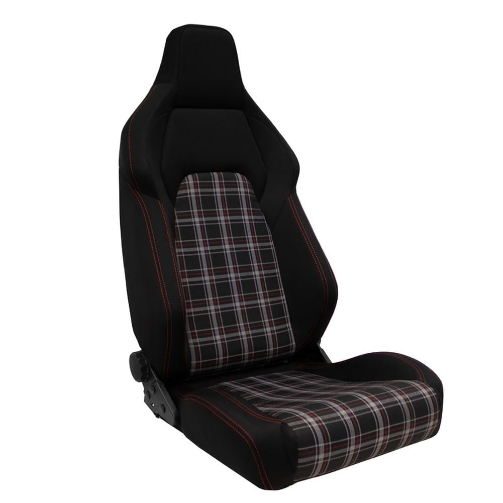 AutoStyle Siège baquet 'VGR' - Tissu Noir + Tissu en motif à carreaux Rouge + Surpiqûres Rouge - Dossier réglable - incl. glissières