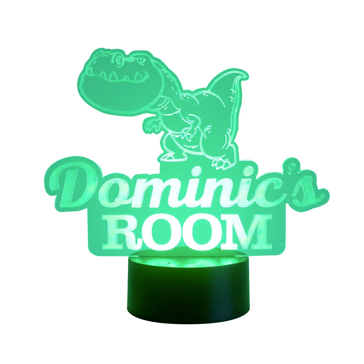 Dinosaur night light. Multi colour LED lamp. Custom engraved bedroom name sign. Personalise acrylic LED lamp.
