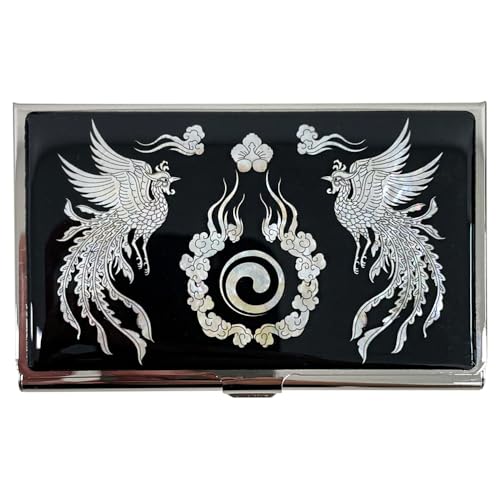 Image of Mother of Pearl Business Card Case Credit Id Name Holder Travel Wallet Art Painting Design Metal Stainless Steel Engraved Slim Purse Pocket Cash Money Wallet (Phoenix)