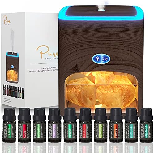 Himalayan Pink Salt Diffuser & 10 Essential Oils – 2-in-1 Therapeutic Device - Aromatherapy & Ionic Himalayan Salt Therapy – 400ml Ultrasonic Vaporizer and Ionizer with Ambient Glow (Dark)