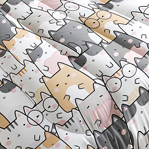 Qoomo Kawaii Cat Comforter Queen Size,Cats Comforter Set For Kids Teens Girls Boys,3Pcs Bedding Set Printed Comforter With 2 Pillowcases,Down Alternative,Soft And Lightweight，Queen Size #TOP3