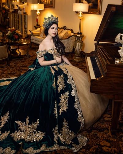 Mouccy Vintage Gold Appliques Quinceanera Dresses Velvet Beaded Sweet 16 Dresses with Train Off Shoulder 3D Floral 15 Dress3