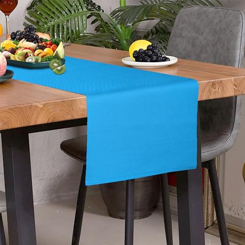 Image of HOME COLORS.IN Solid Color Texture Ribbed Cotton Table Runner for Dining Table, Teapoy, TV Table, Coffee Table, Center Table - Modern Dining Room - Table Decor Runner - 14 x 52 Inch - Turquoise Blue