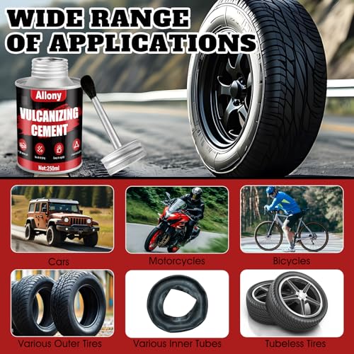 Allony Pegamento Vulcanizante, 250ML Pegamento Neumatico, Kit Pinchazos Coche, 10 Parches, Rápida Adhesión, Cemento con Pincel, Caucho Liquido para Reparación de Neumáticos Cubiertas - imagen 4