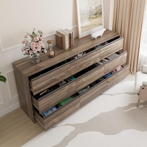 Image of Bobve 70.9 inch Dresser for Bedroom with 9 Drawers, Large Modern Chest of Drawers Handle Free, Long Wooden Dressers Storage Organizer, Wide Double Dresser for Bedroom, Living Room, Hallway (Walnut)