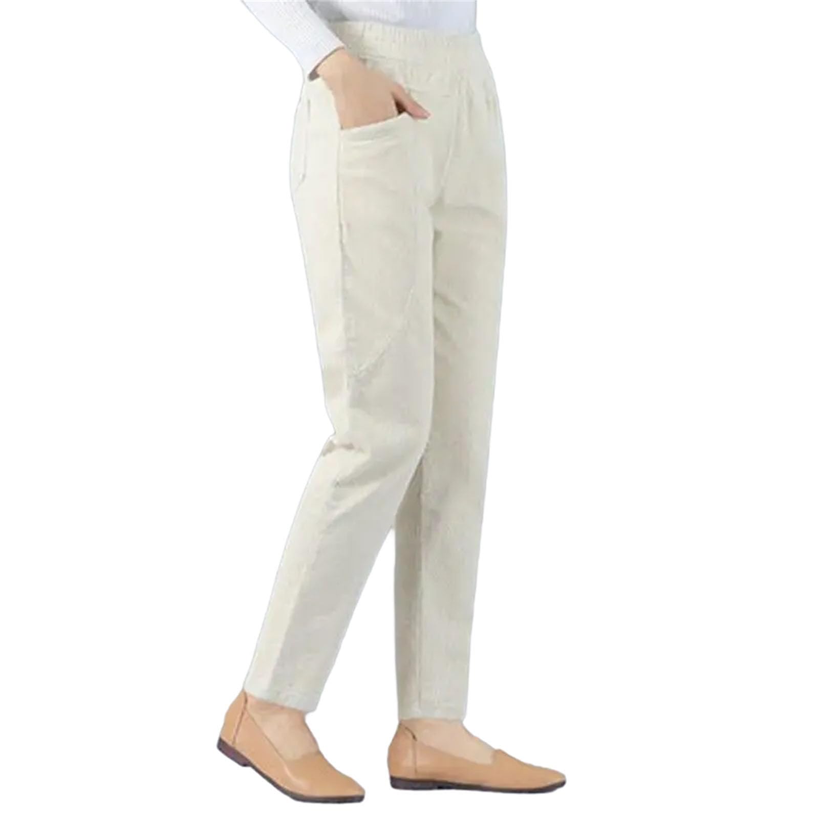 Womens Corduroy Straight Pants Elastic Waist Solid Pocket Loose Casual Korean Warm Middle-Aged Radish Trousers