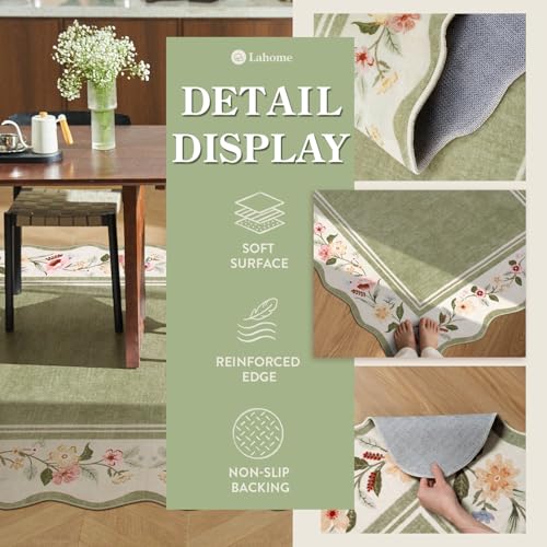 Image of Lahome Floral Scalloped Rug 5x7, Vintage Green Rugs for Living Room