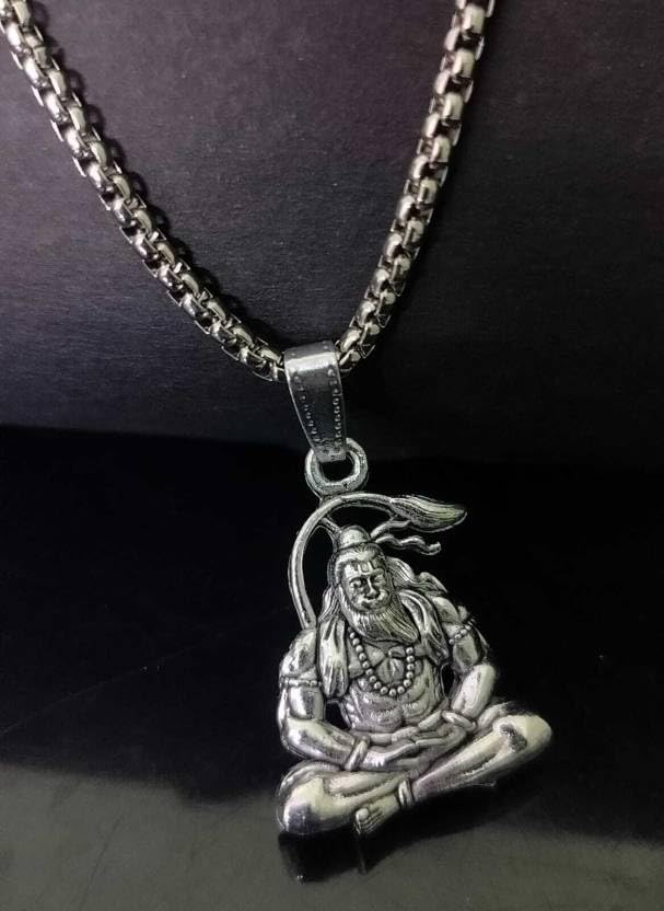 Image of Lord Hanuman Religious Pendant Necklace Locket Set, Stainless Steel, 3 Designs, Gada Hanuman Ji,
