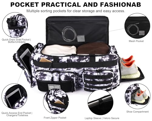Image of LHI 50L Tactical Duffle Bag for Men, 3-in-1 Gym Duffle and Backpack, Shoe Compartment, Laptop Sleeve and MOLLE, Carry-On Travel Weekender and Overnight Bag - Black and White