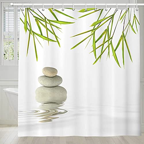 Rideau de Douche Zen 80 x 180 cm - Rideau Salle de Bain Lavable Anti-Moisissure - Bambou Blanc Imprimé Décoratif - Tissu Polyester avec Crochets