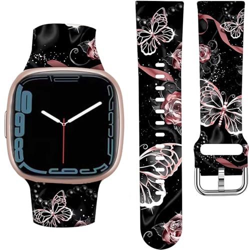 ANDRIU Compatible with Versa 4/Versa 3/Sense/Sense 2 Band for Women Girl, Cute Fadeless Replacement Sport Band Strap for Versa 4/Versa 3 Smartwatch(Rose Butterfly)