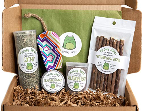 Meowy Janes Catnip Alternative Variety Box with Handmade Refillable Mouse Toy - Catnip, Valerian Root, Silvervine Powder, Matatabi Sticks - Cat Toy and Cat Treat Sampler - Cat Gift Box